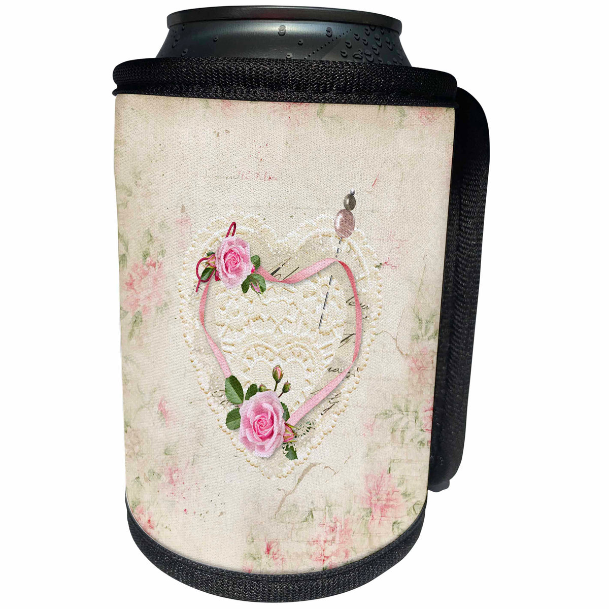 3dRose Beverly Turner Heart Design - Beautiful Vintage Heart of Lace, Flowers, and Ribbons, Pastel Pink - Can Cooler Bottle Wrap (cc_276120)