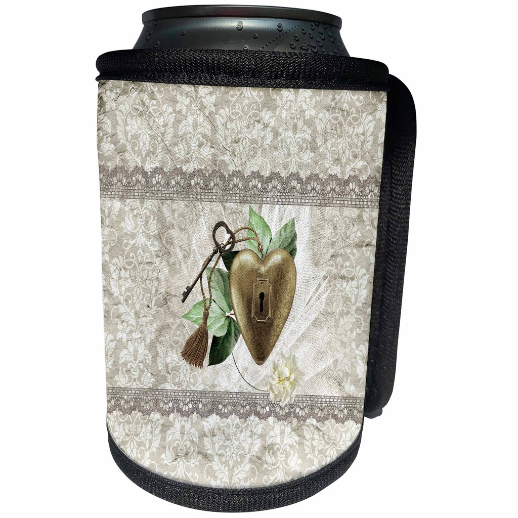 3dRose Beverly Turner Heart Design - Vintage Heart with Key Accented with Leaves, Tulle, and Tassel, Sepia - Can Cooler Bottle Wrap (cc_276122)