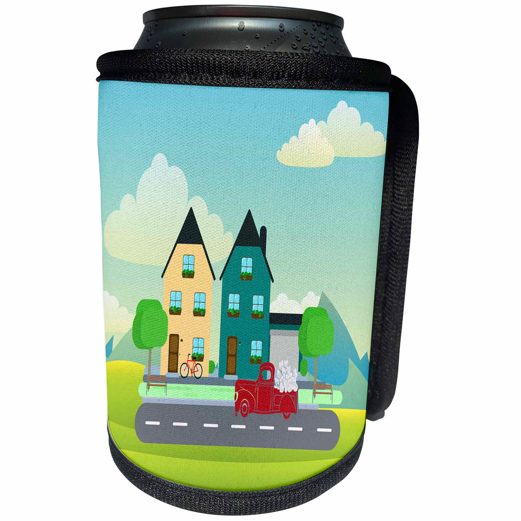3dRose Beverly Turner Valentine Design - Red Pick up Truck of White Hearts Driving Homes - Can Cooler Bottle Wrap (cc_276126)