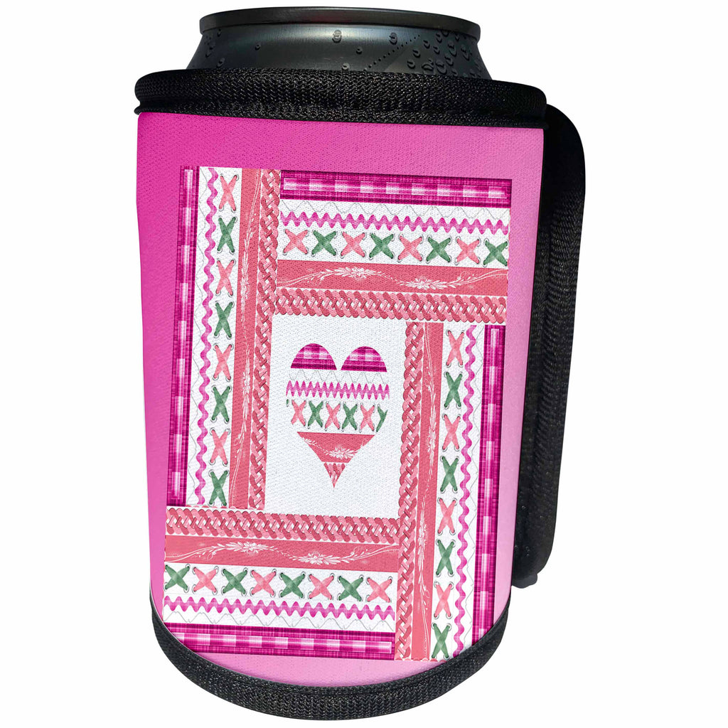 3dRose Beverly Turner Heart Design - Heart of Trim in Frame of Trim, Pink, Green, Coral, and White - Can Cooler Bottle Wrap (cc_276127)
