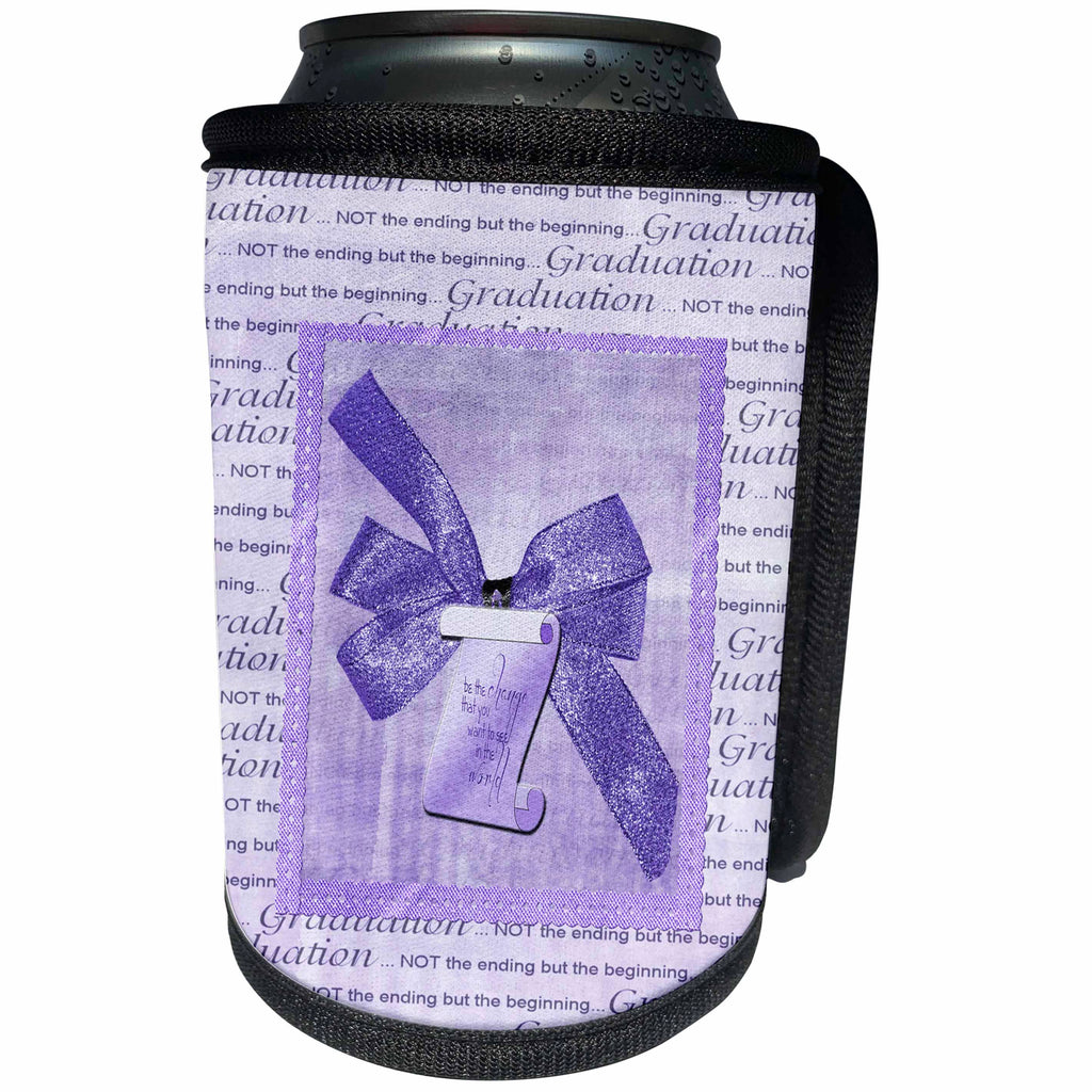 3dRose Beverly Turner Graduation Design - Graduation Words, Big Bow with Diploma, Purple - Can Cooler Bottle Wrap (cc_276146)