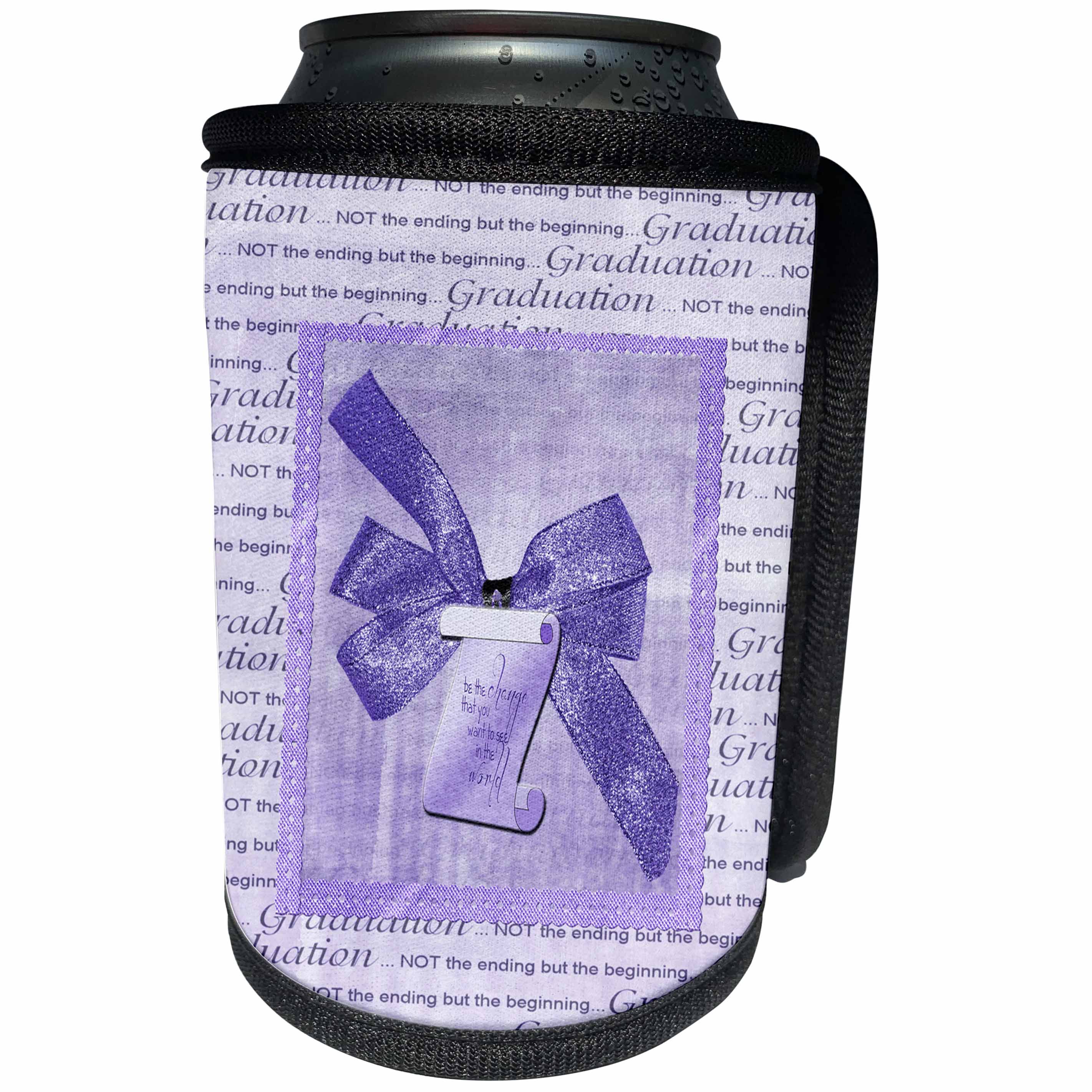 3dRose Beverly Turner Graduation Design - Graduation Words, Big Bow with Diploma, Purple - Can Cooler Bottle Wrap (cc_276146)