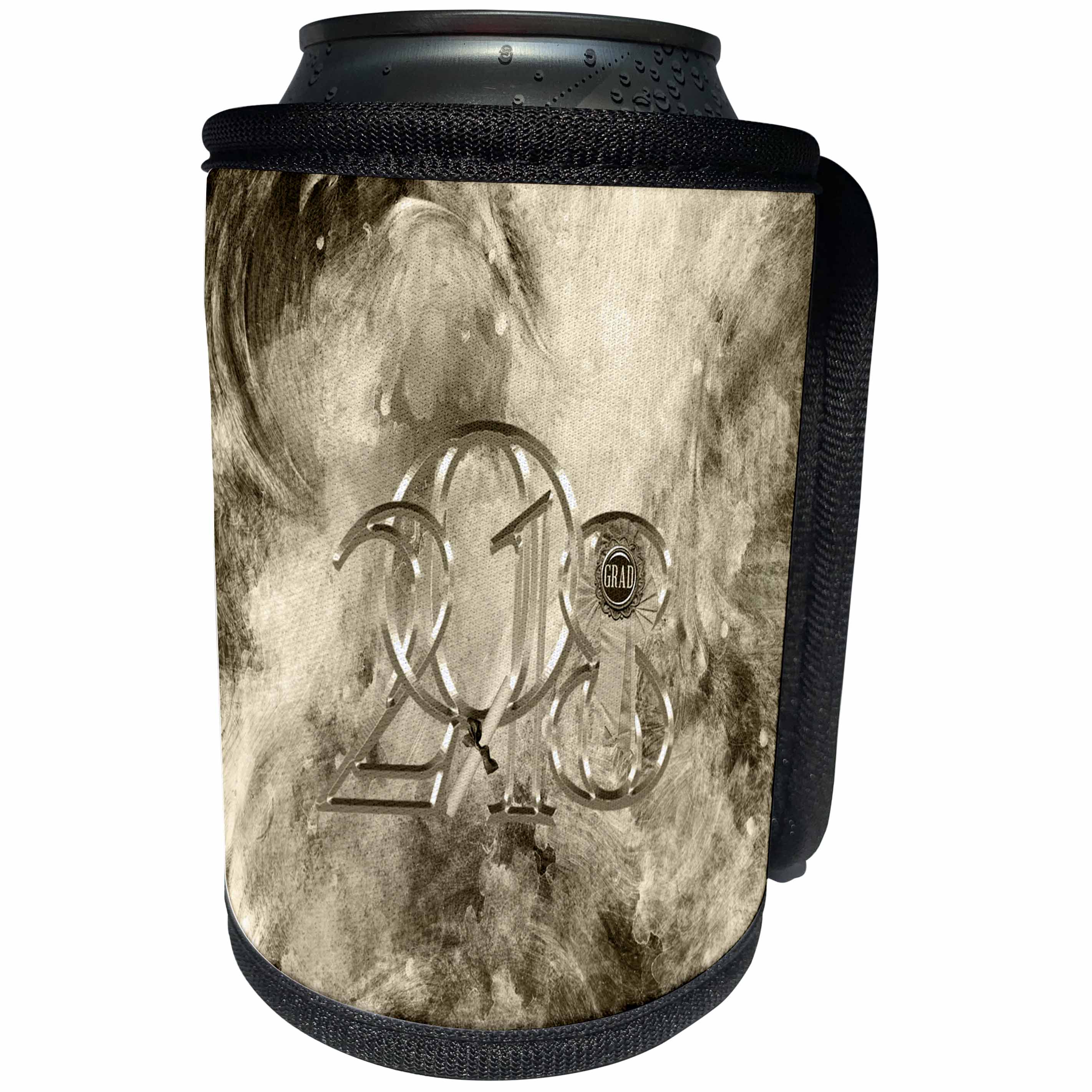 3dRose Beverly Turner Graduation Design - 2018 Metal Look Grad Ribbon, Diploma Leaning on the Number One, Sepia - Can Cooler Bottle Wrap (cc_276150)