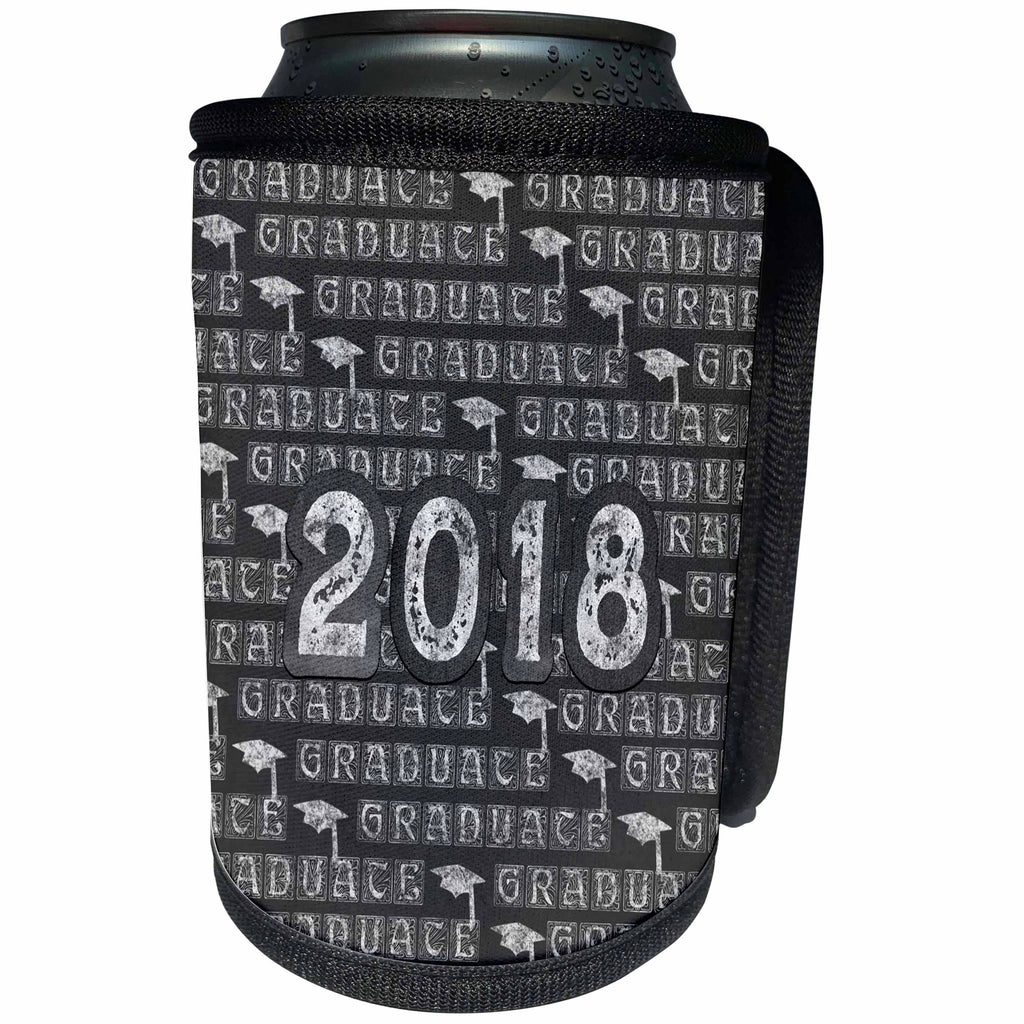 3dRose Beverly Turner Graduation Design - 2018 and Graduation Caps Caulk Board Look, White and Gray - Can Cooler Bottle Wrap (cc_276154)