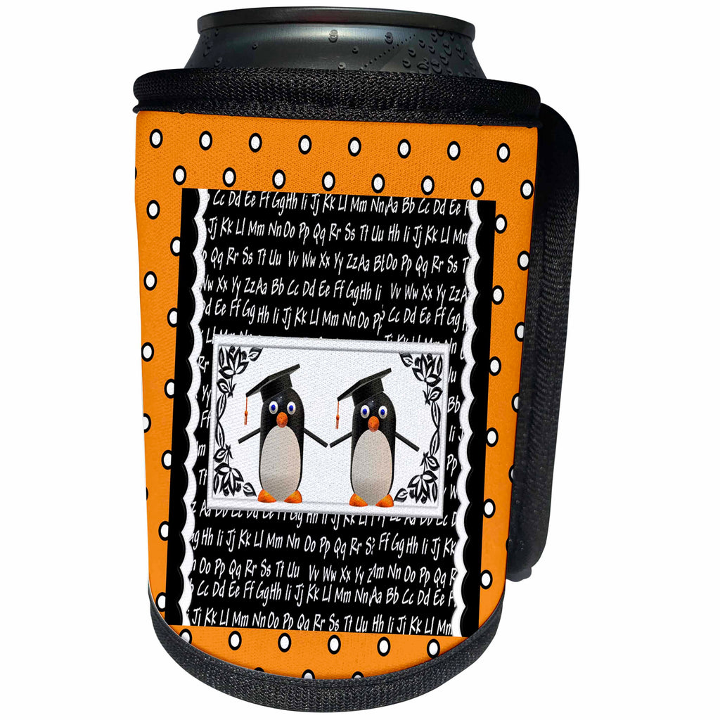 3dRose Beverly Turner Graduation Design - Two Graduating Penguins, ABC Scalloped Background, Dots, Black, Orange - Can Cooler Bottle Wrap (cc_276158)