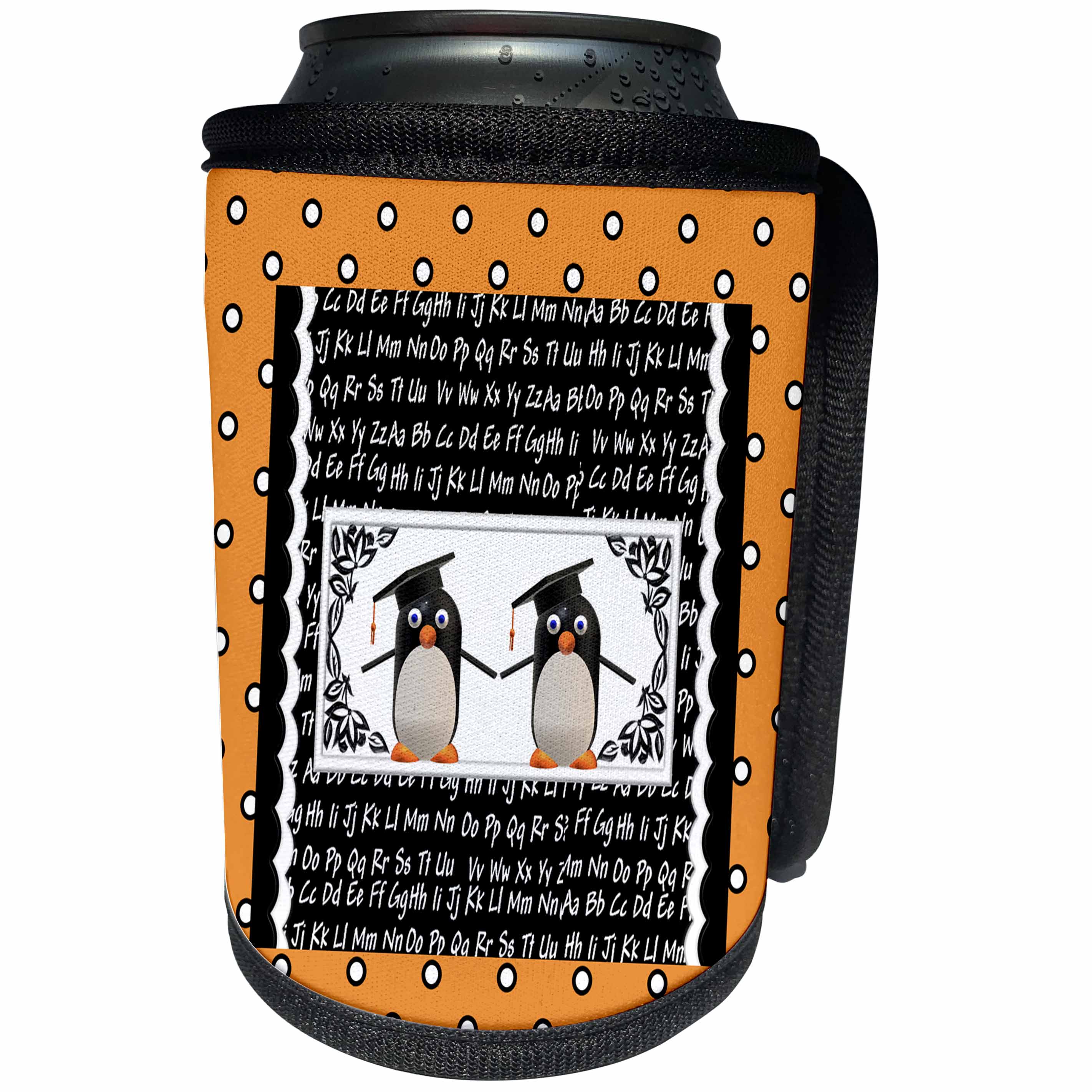 3dRose Beverly Turner Graduation Design - Two Graduating Penguins, ABC Scalloped Background, Dots, Black, Orange - Can Cooler Bottle Wrap (cc_276158)