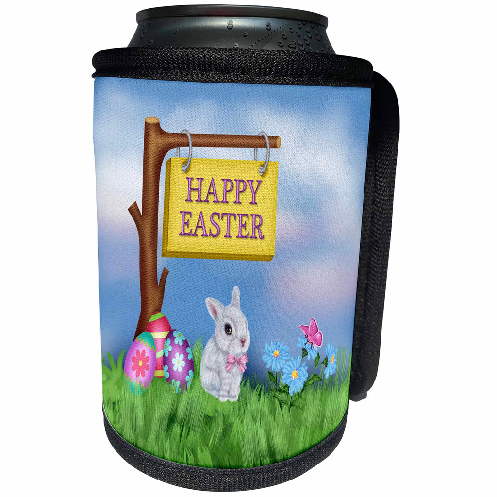 3dRose Beverly Turner Easter Design and Photography - Happy Easter, Sign Hanging on Tree Branch, Bunny in Garden with Eggs - Can Cooler Bottle Wrap (cc_276162)