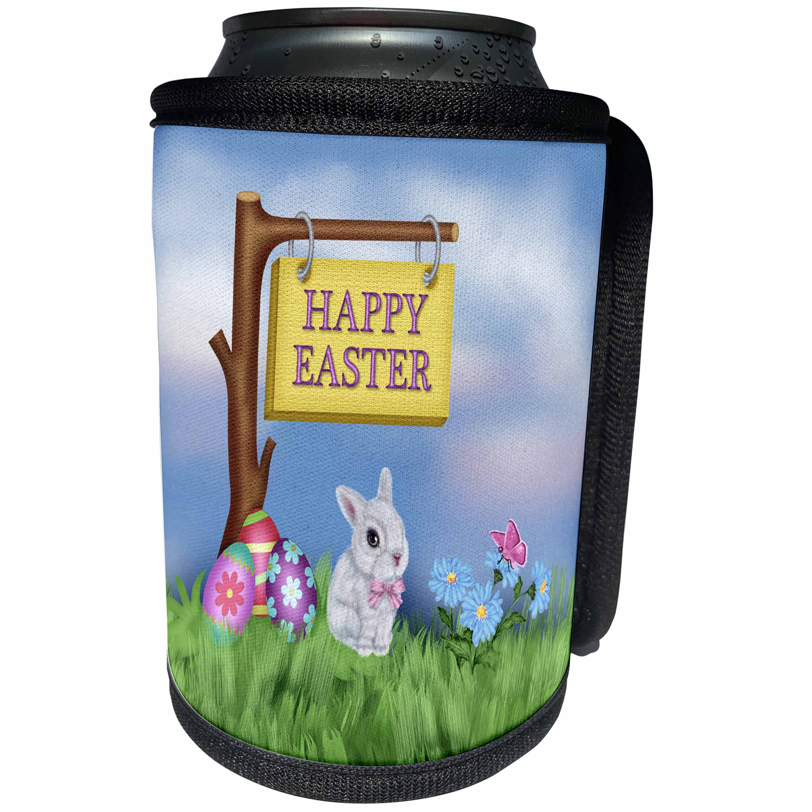 3dRose Beverly Turner Easter Design and Photography - Happy Easter, Sign Hanging on Tree Branch, Bunny in Garden with Eggs - Can Cooler Bottle Wrap (cc_276162)