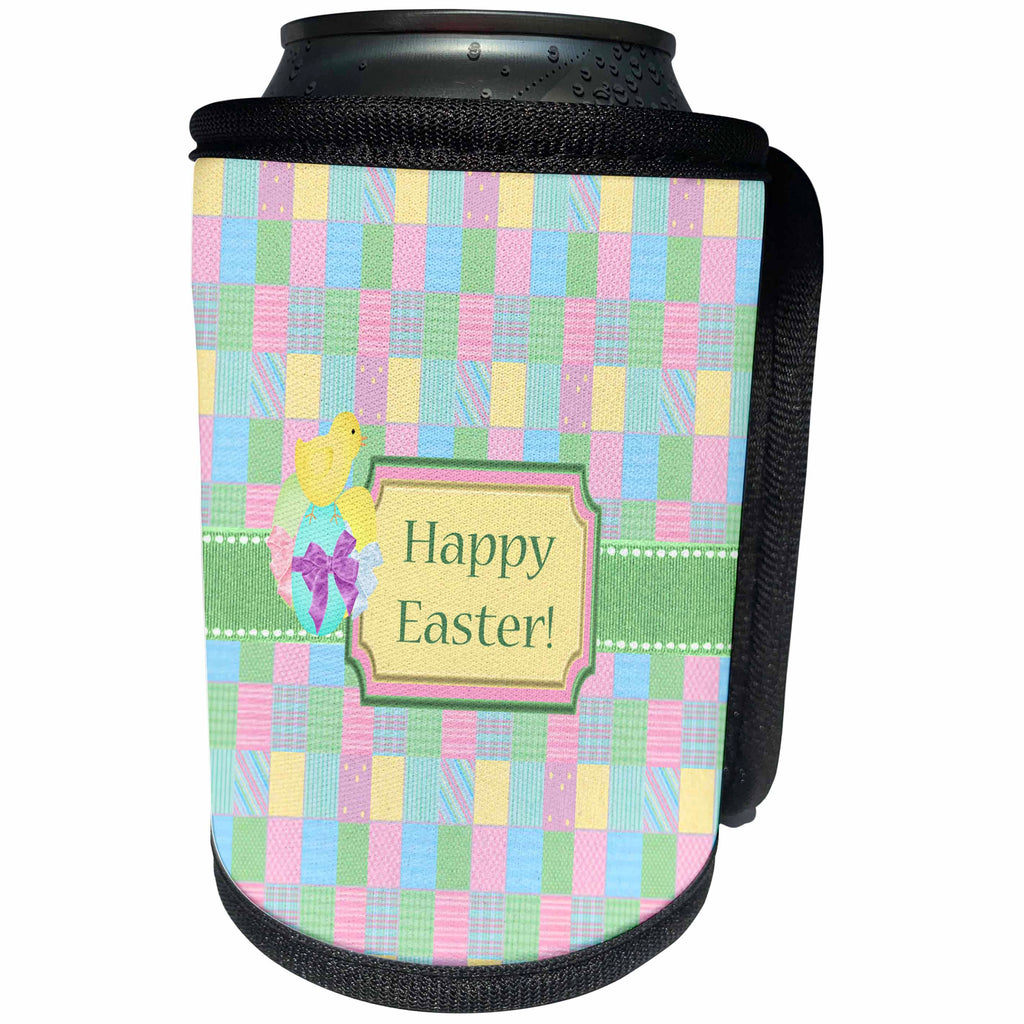 3dRose Beverly Turner Easter Design and Photography - Yellow Chick on Eggs, Happy Easter, Quilt Look Background, Pastels - Can Cooler Bottle Wrap (cc_276164)