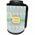 3dRose Beverly Turner Easter Design and Photography - Yellow Chick on Eggs, Happy Easter, Quilt Look Background, Pastels - Can Cooler Bottle Wrap (cc_276164)