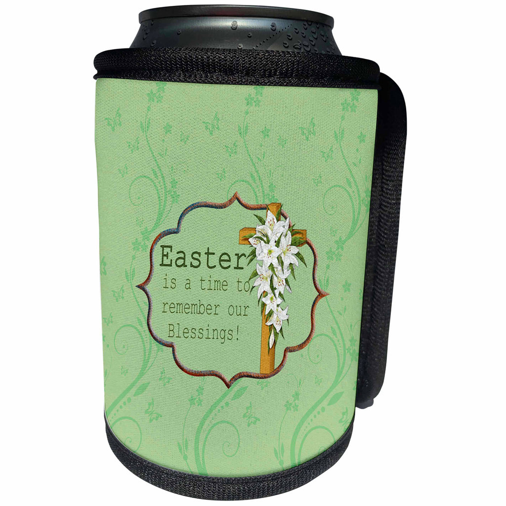 3dRose Beverly Turner Easter Design and Photography - Easter is a time to remember our Blessings, Cross, Lilies, Vine Design - Can Cooler Bottle Wrap (cc_276168)