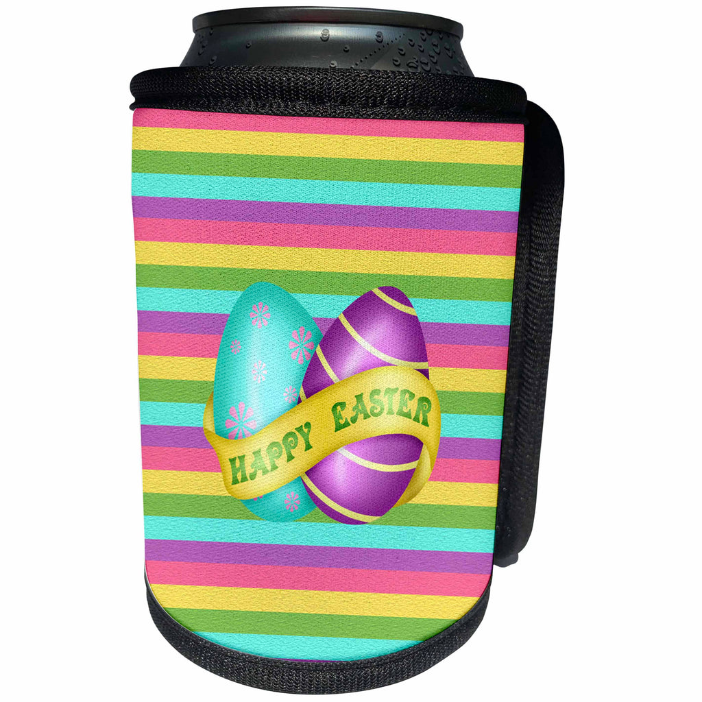 3dRose Beverly Turner Easter Design and Photography - Bright Aqua Green, Purple Eggs, Banner, Happy Easter, Striped Design - Can Cooler Bottle Wrap (cc_276170)