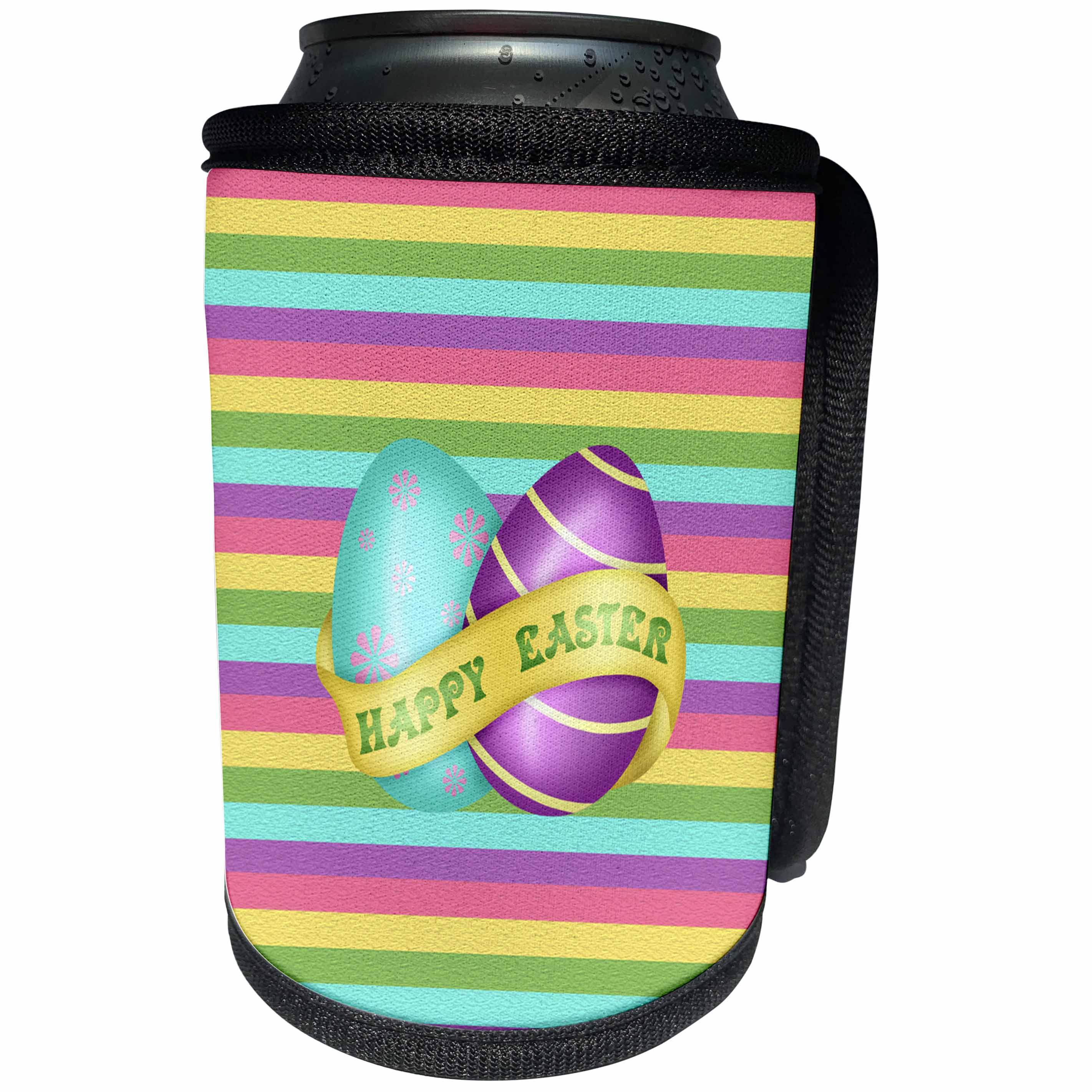3dRose Beverly Turner Easter Design and Photography - Bright Aqua Green, Purple Eggs, Banner, Happy Easter, Striped Design - Can Cooler Bottle Wrap (cc_276170)