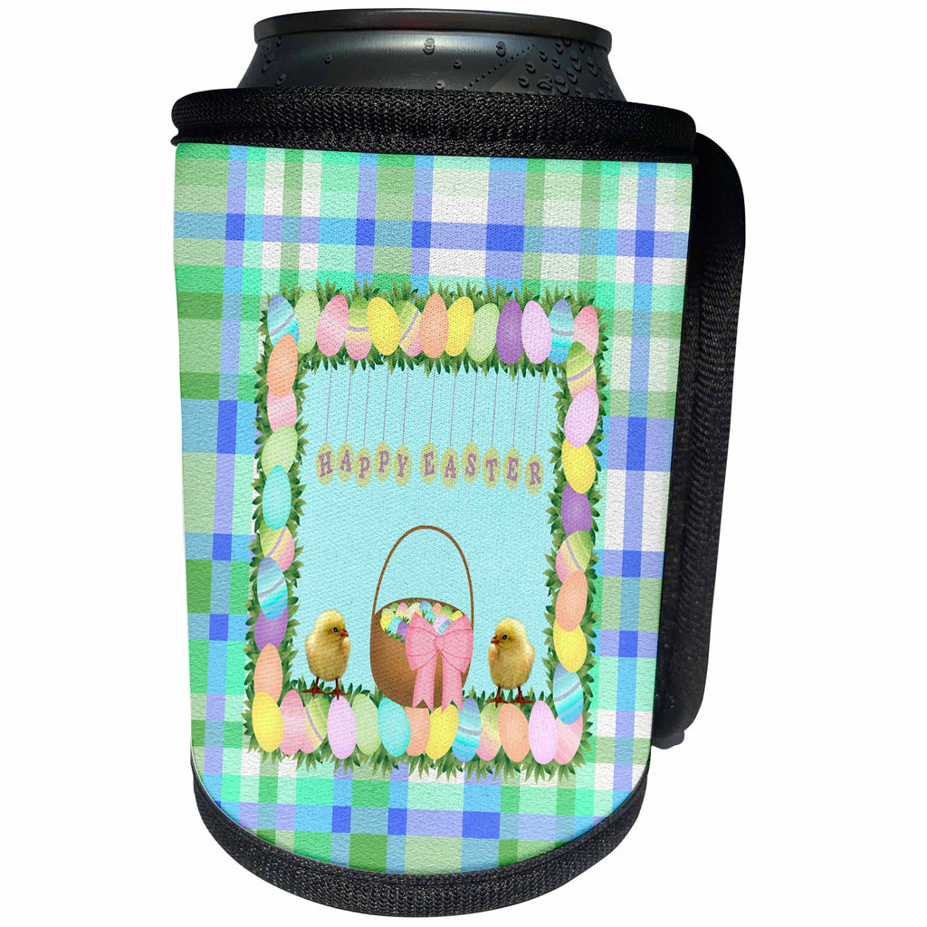 3dRose Beverly Turner Easter Design and Photography - Cute Chicks, Basket of Eggs, Eggs Frame, Plaid Design, Happy Easter - Can Cooler Bottle Wrap (cc_276172)