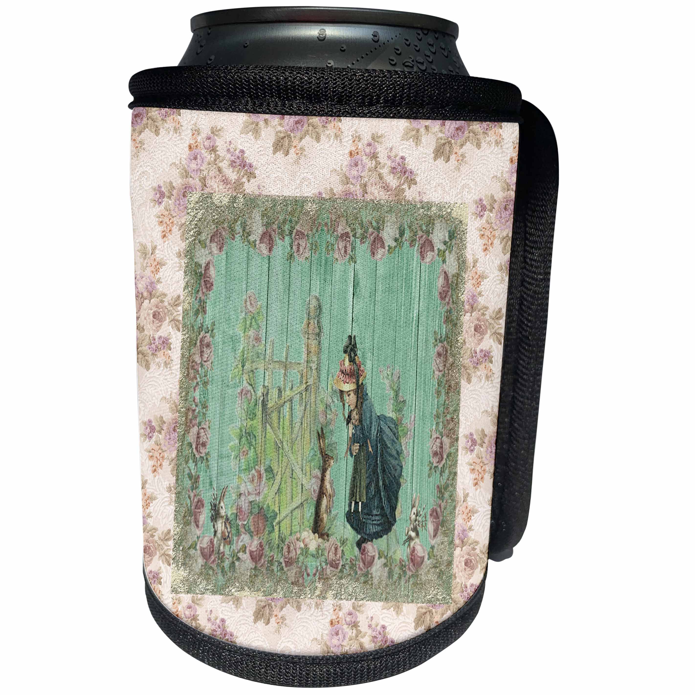 3dRose Beverly Turner Easter Design and Photography - Vintage Bunnies Meeting Little Girl Holding Doll, Rose Frame - Can Cooler Bottle Wrap (cc_276177)