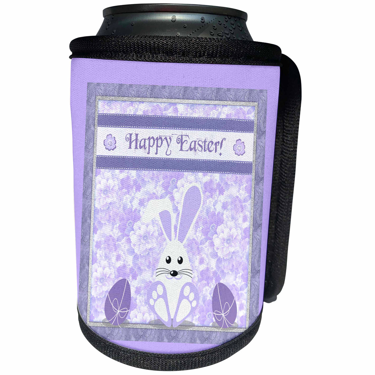 3dRose Beverly Turner Easter Design and Photography - Purple Bunny, Big Feet Next to Eggs, Flower Background, Happy Easter - Can Cooler Bottle Wrap (cc_276184)