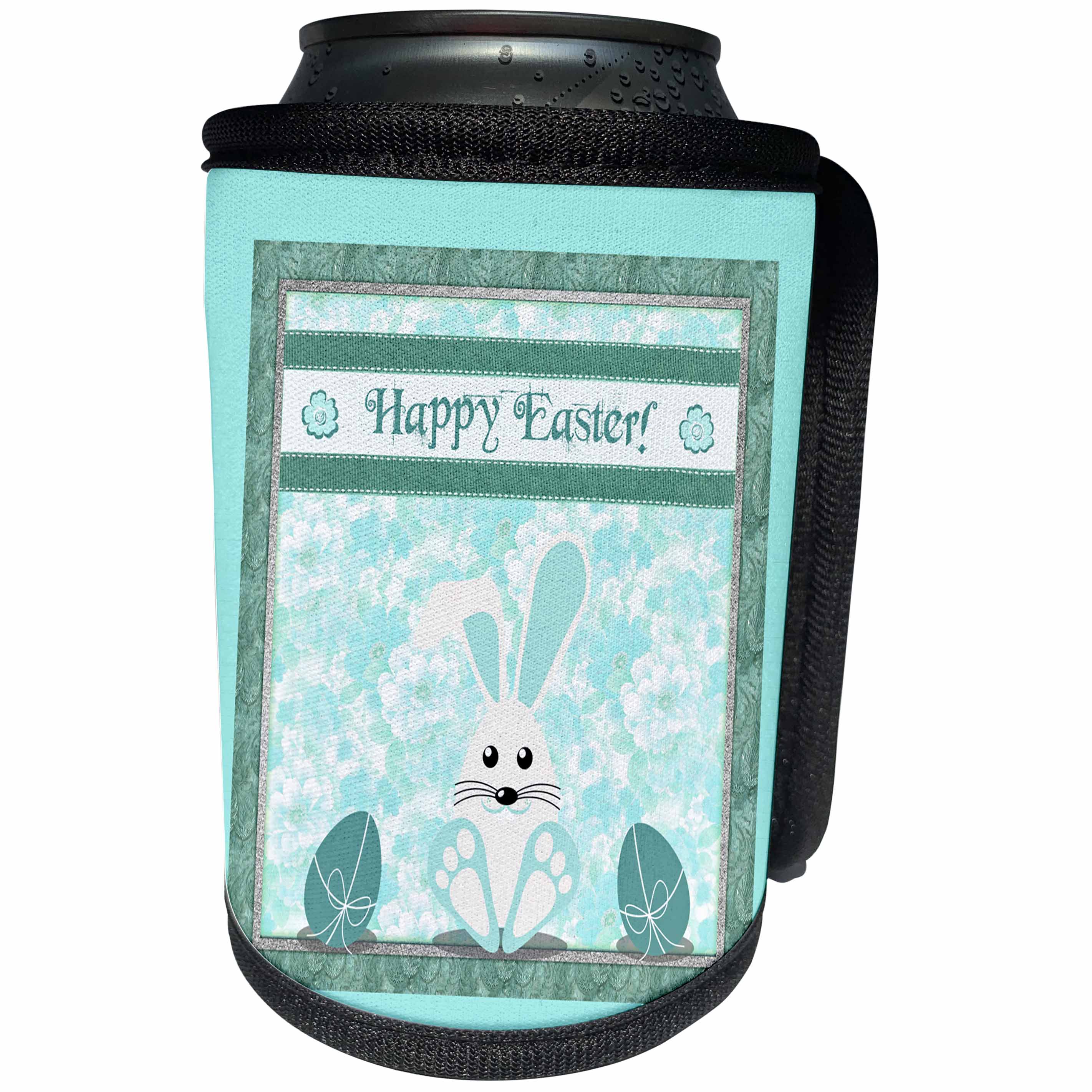 3dRose Beverly Turner Easter Design and Photography - Teal Green Bunny, Big Feet and Eggs, Flower Background, Happy Easter - Can Cooler Bottle Wrap (cc_276187)