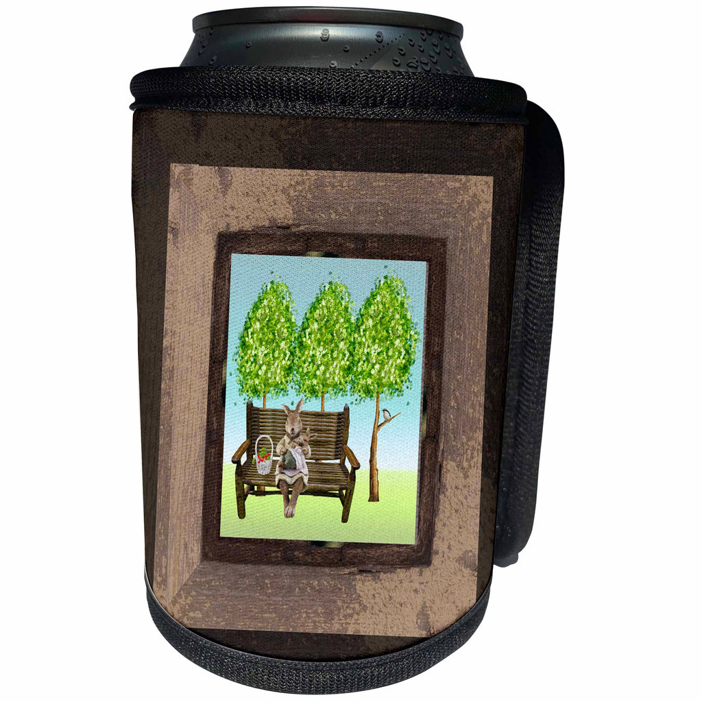 3dRose Beverly Turner Easter Design and Photography - Mother Rabbit Sitting on Bench Holding Baby Bunny, Wood Frame - Can Cooler Bottle Wrap (cc_276188)