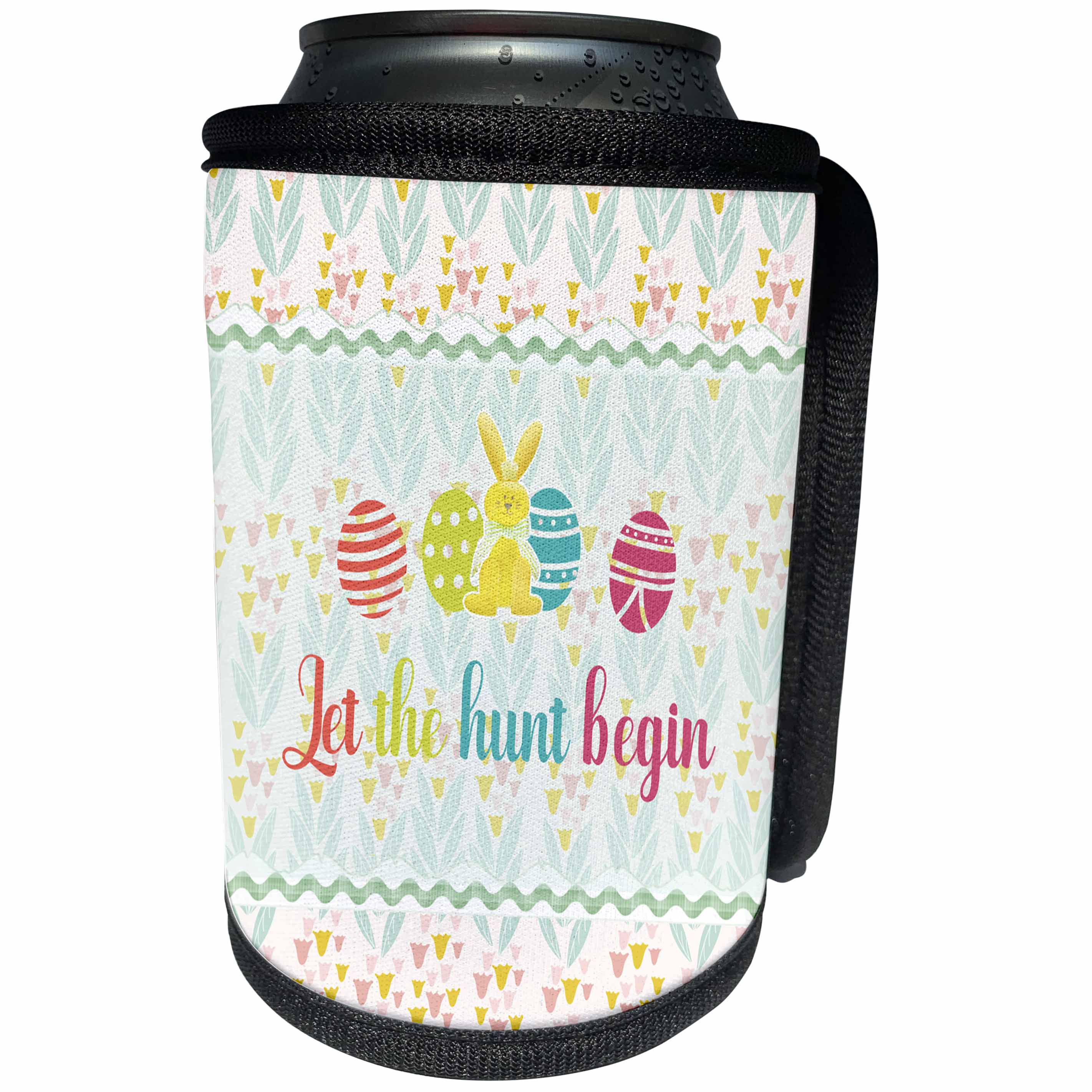 3dRose Beverly Turner Easter Design and Photography - Let the hunt begin, Bunny with Eggs on Tulip Design, Pastels - Can Cooler Bottle Wrap (cc_276192)