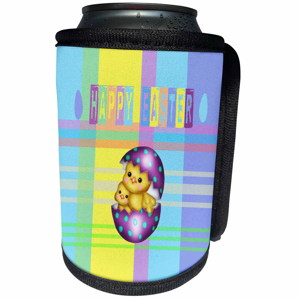 3dRose Beverly Turner Easter Design and Photography - Chicks in Cracked Purple with Green Dots Egg, Happy Easter, Plaid - Can Cooler Bottle Wrap (cc_276193)