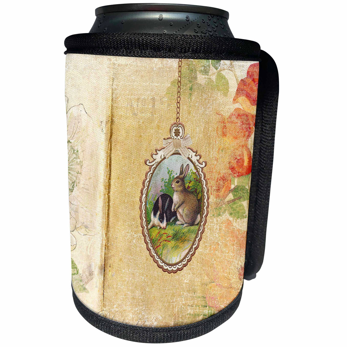 3dRose Beverly Turner Easter Design and Photography - Vintage Egg with Two Bunnies, Flower Background - Can Cooler Bottle Wrap (cc_276194)