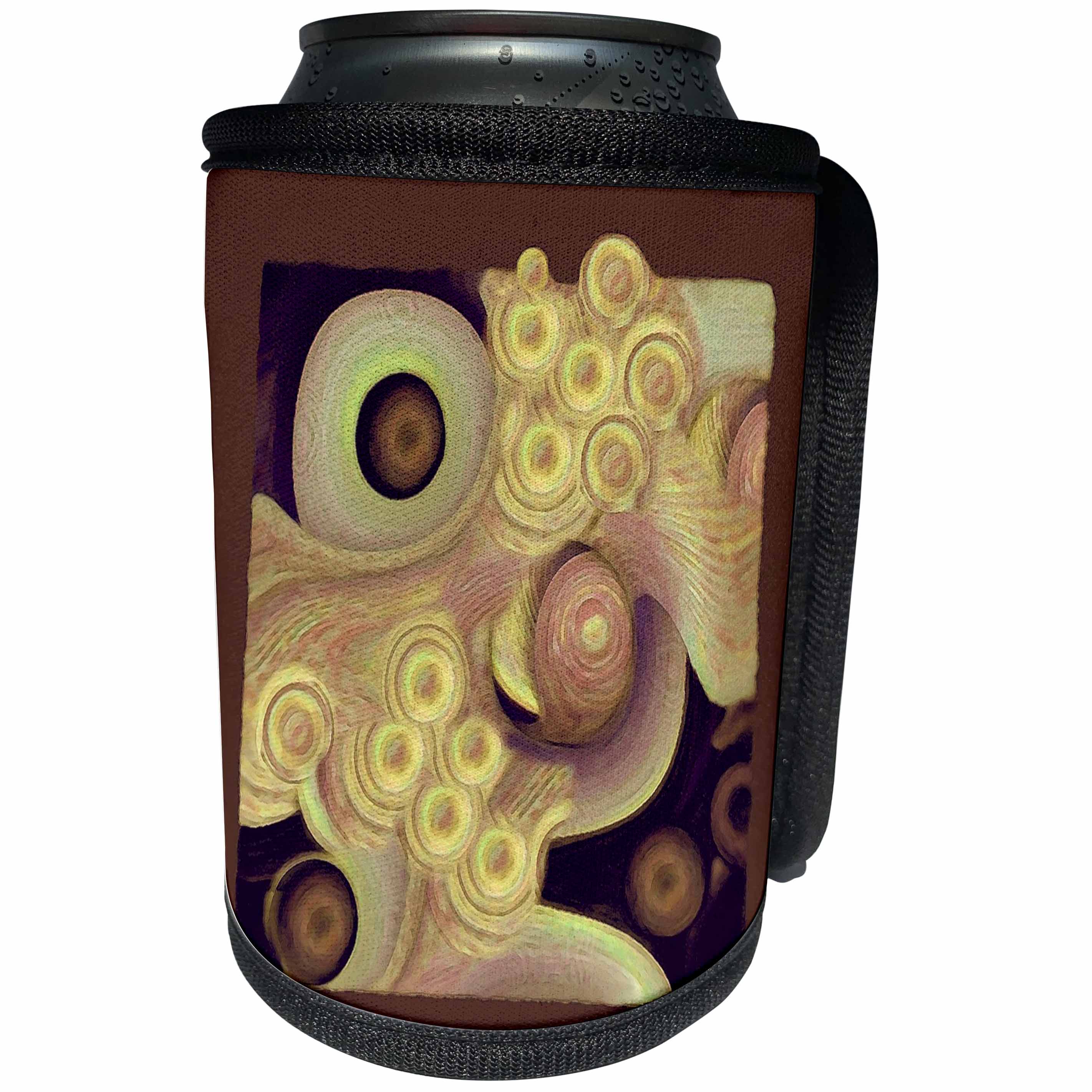 3dRose Jaclinart Abstract Surreal Shells Ocean Wave Beach Sea Island - Abstract gold and brown sea foam waves and shells on brown background - Can Cooler Bottle Wrap (cc_27622)