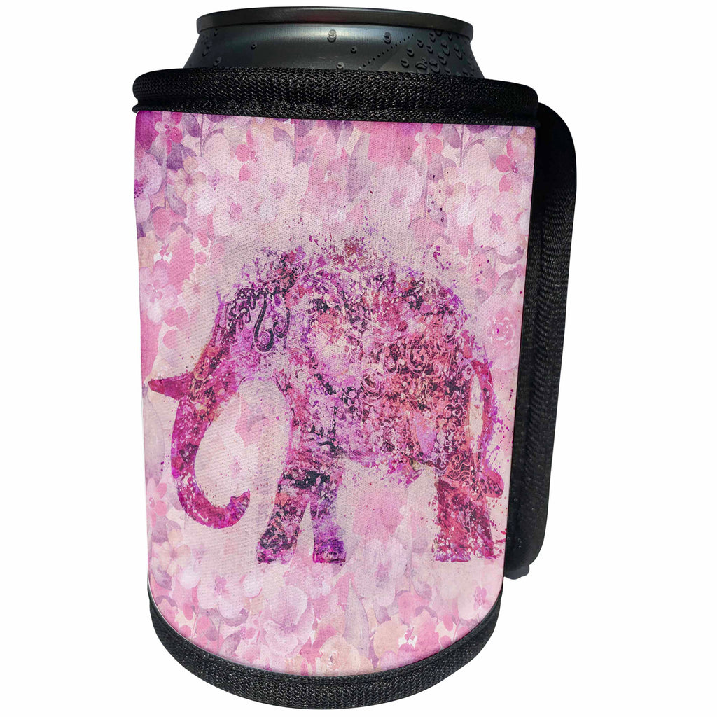 3dRose Andrea Haase Animals Illustration - Floral Elephant Illustration In Soft Pastel Pink And Purple - Can Cooler Bottle Wrap (cc_276223)