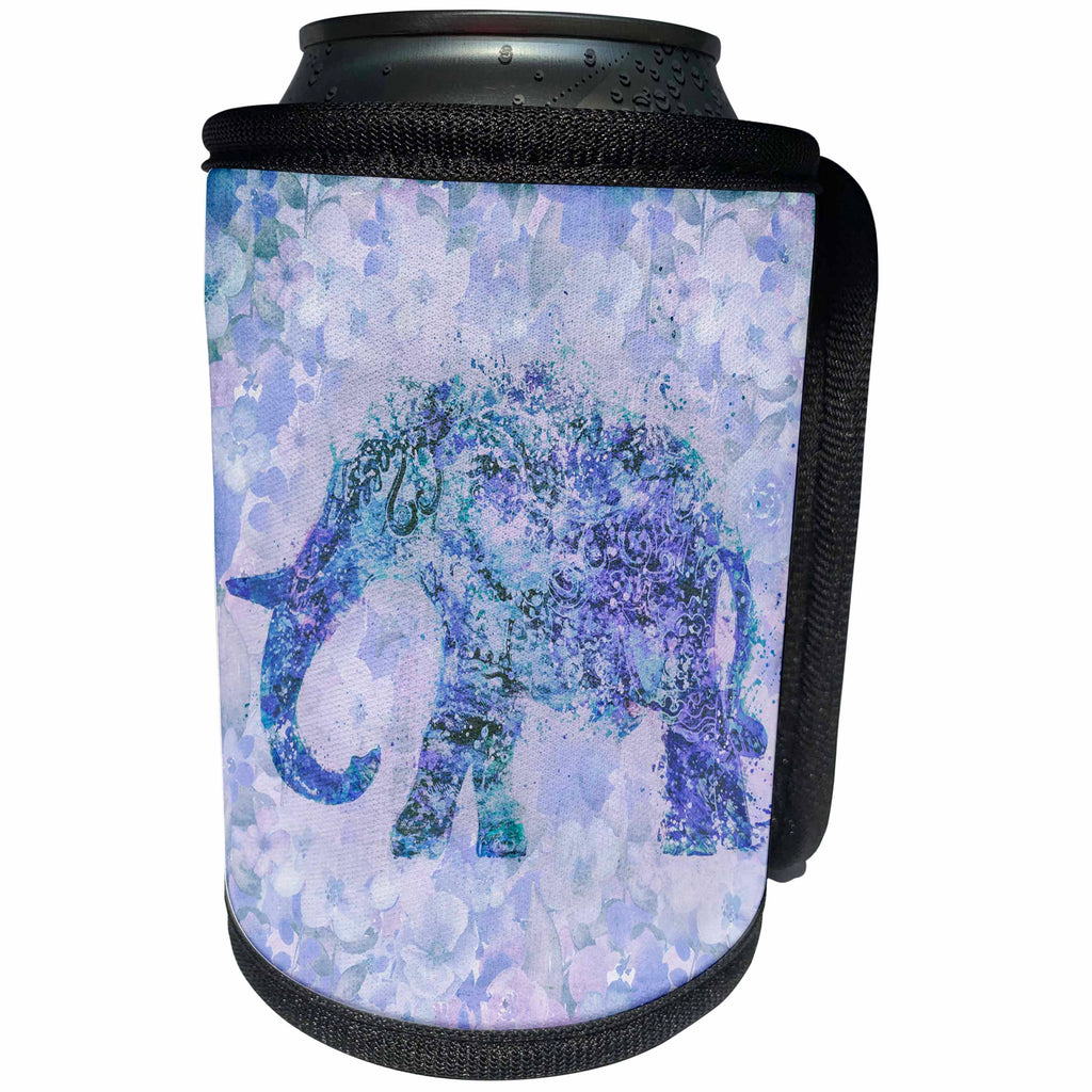 3dRose Andrea Haase Animals Illustration - Floral Elephant Illustration In Shades Of Blue And Purple - Can Cooler Bottle Wrap (cc_276225)
