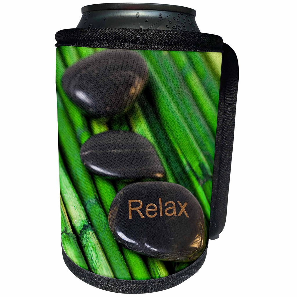 3dRose Andrea Haase Still Life Photography - Zen Style Still Life With Engraves Pebble And Word Relax - Can Cooler Bottle Wrap (cc_276235)