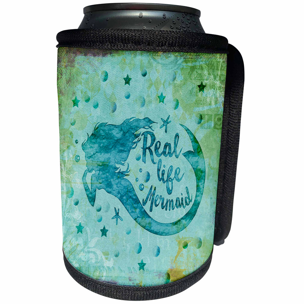 3dRose Andrea Haase Art Illustration - Watercolor Mermaid Illustration With Text Real Life Mermaid - Can Cooler Bottle Wrap (cc_276286)