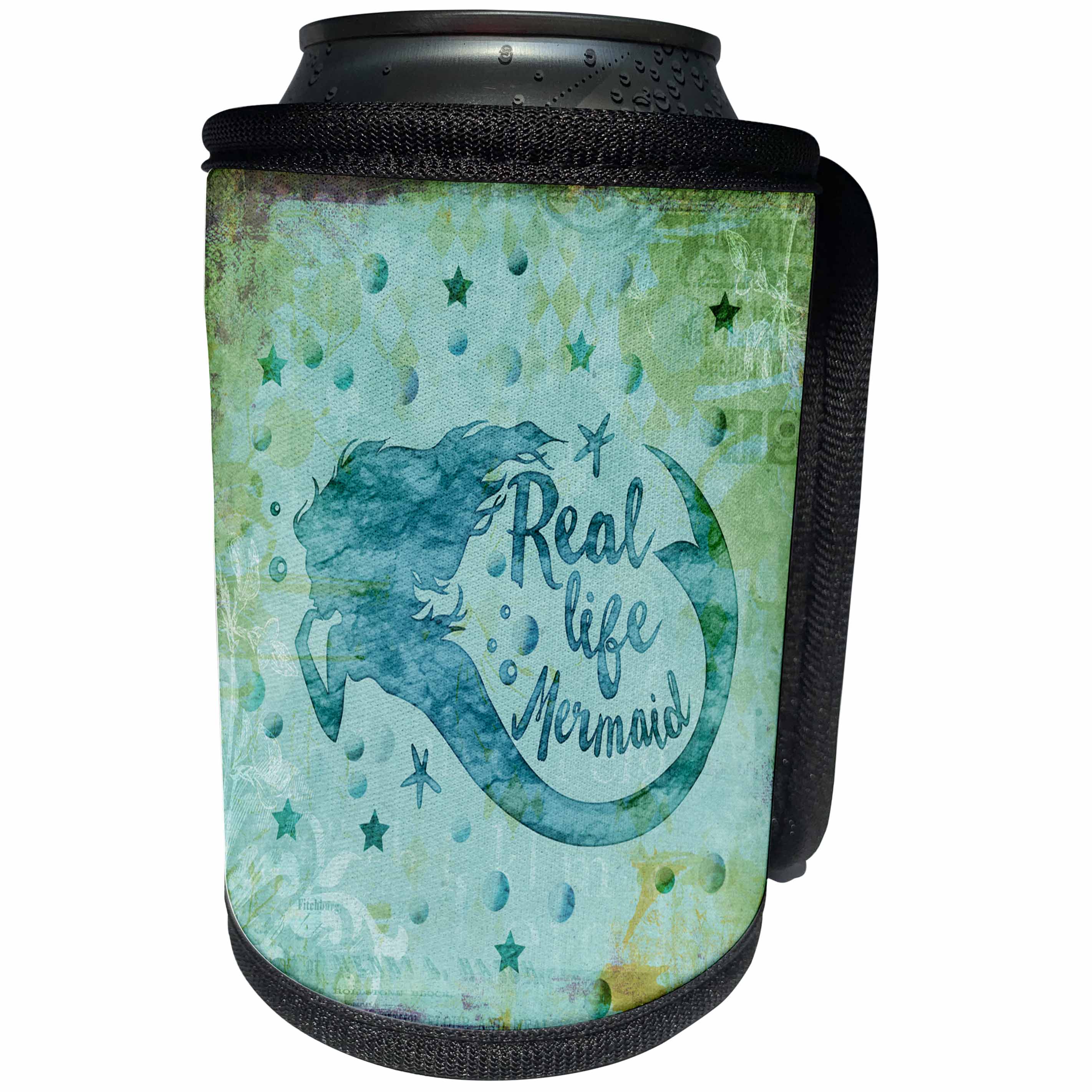 3dRose Andrea Haase Art Illustration - Watercolor Mermaid Illustration With Text Real Life Mermaid - Can Cooler Bottle Wrap (cc_276286)