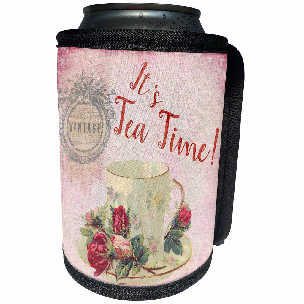 3dRose Andrea Haase Art Illustration - Nostalgic Illustration It is Teatime With Vintage Tea Cup - Can Cooler Bottle Wrap (cc_276298)