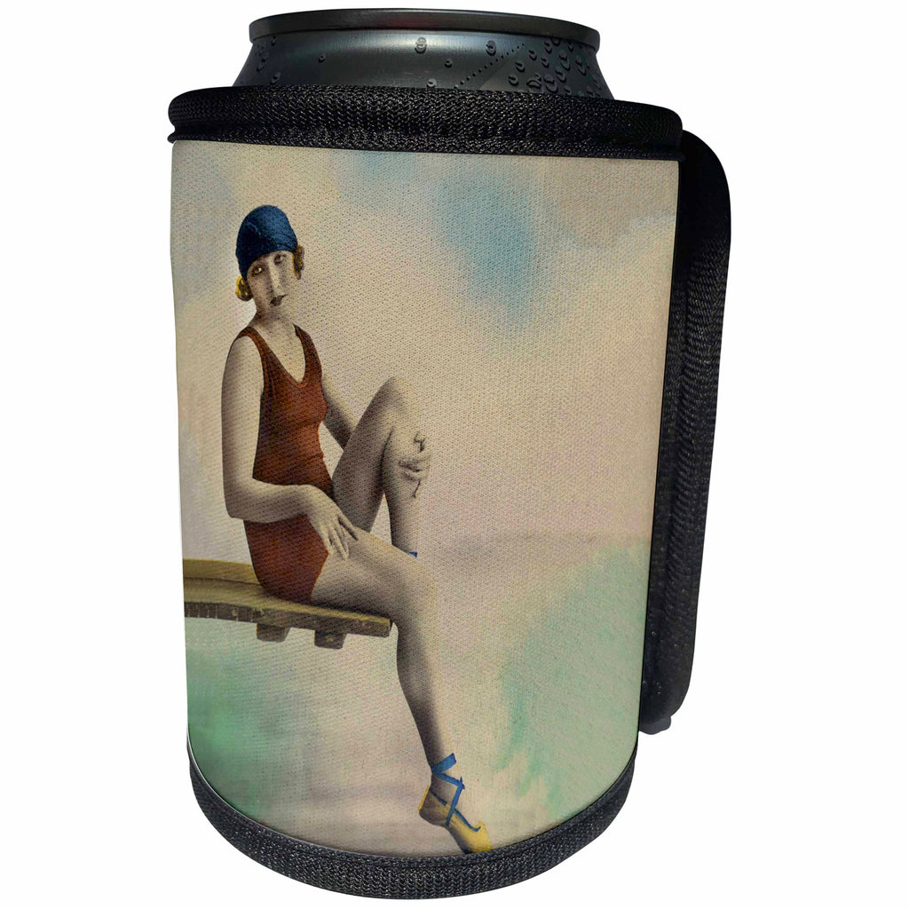 3dRose Andrea Haase Art Illustration - Vintage Lady In Old Fashioned Swim Suit - Can Cooler Bottle Wrap (cc_276299)