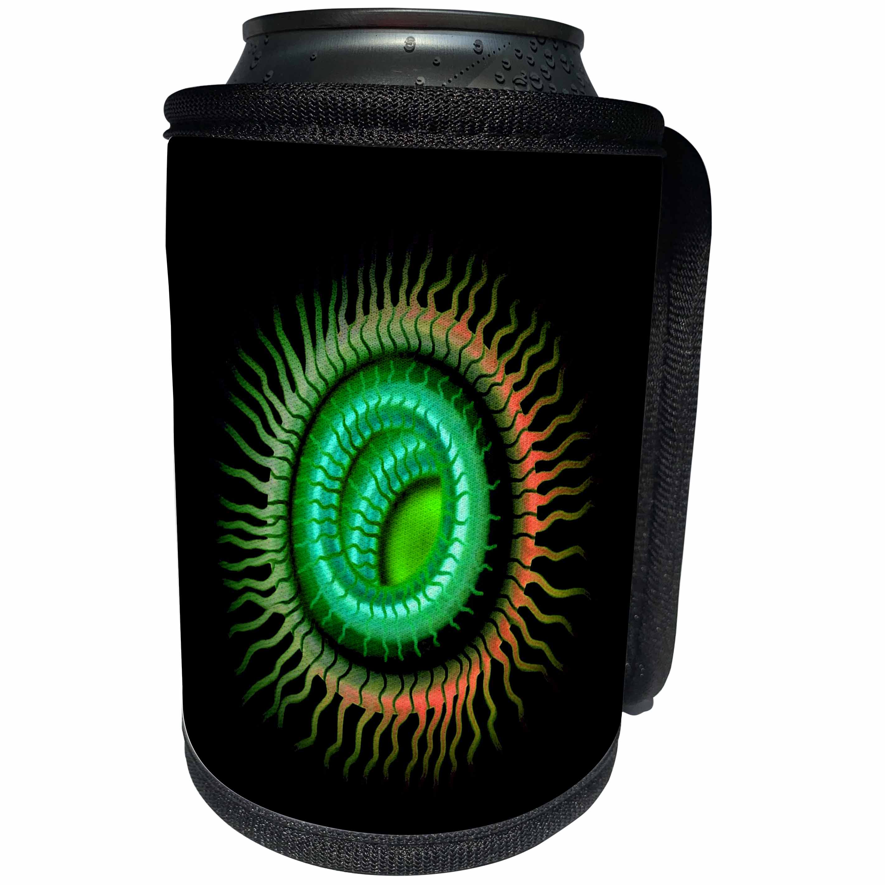 3dRose Jaclinart Surreal Eye Snake Fiery Fire Psychedelic Airbrush Trippy - Surreal green and orange fiery sci fi eye on black background - Can Cooler Bottle Wrap (cc_27630)