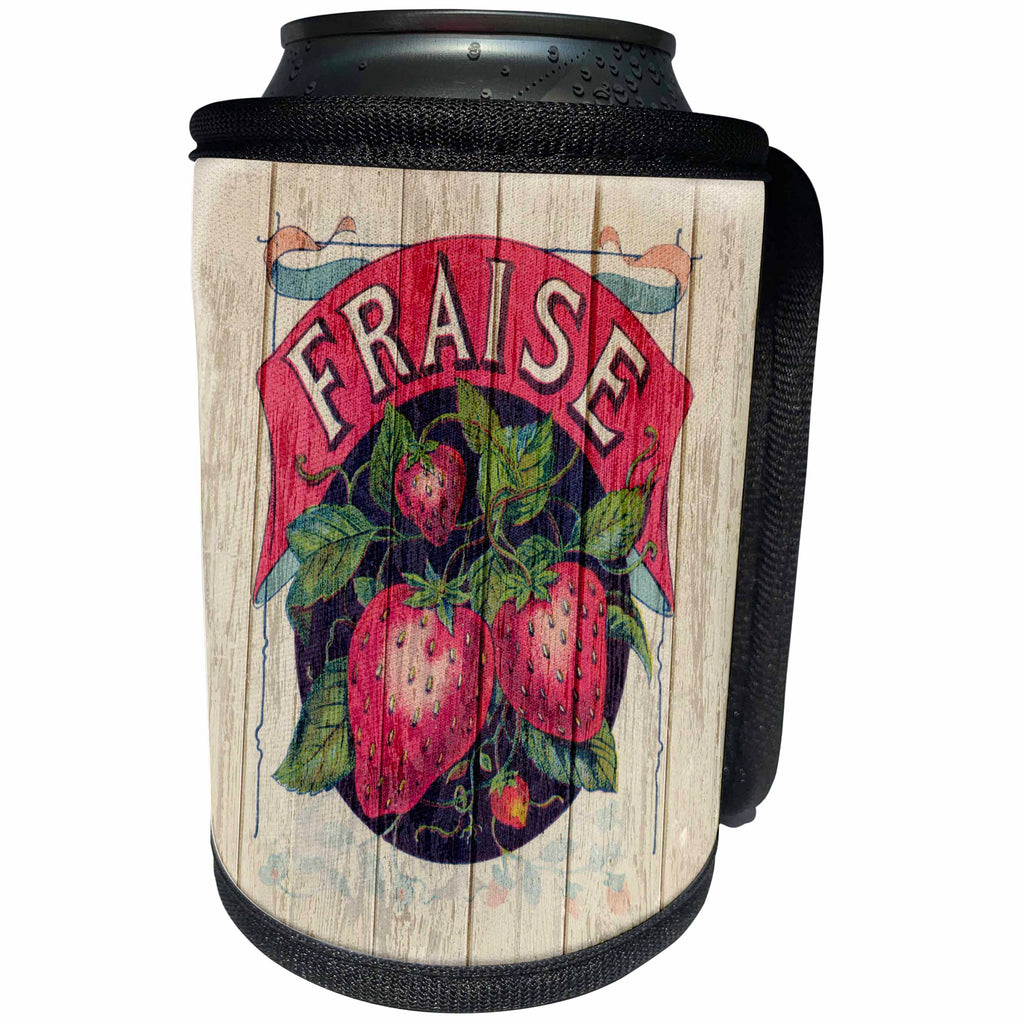 3dRose Andrea Haase Art Illustration - Old Strawberry Advertising On Weathered Wood - Can Cooler Bottle Wrap (cc_276304)