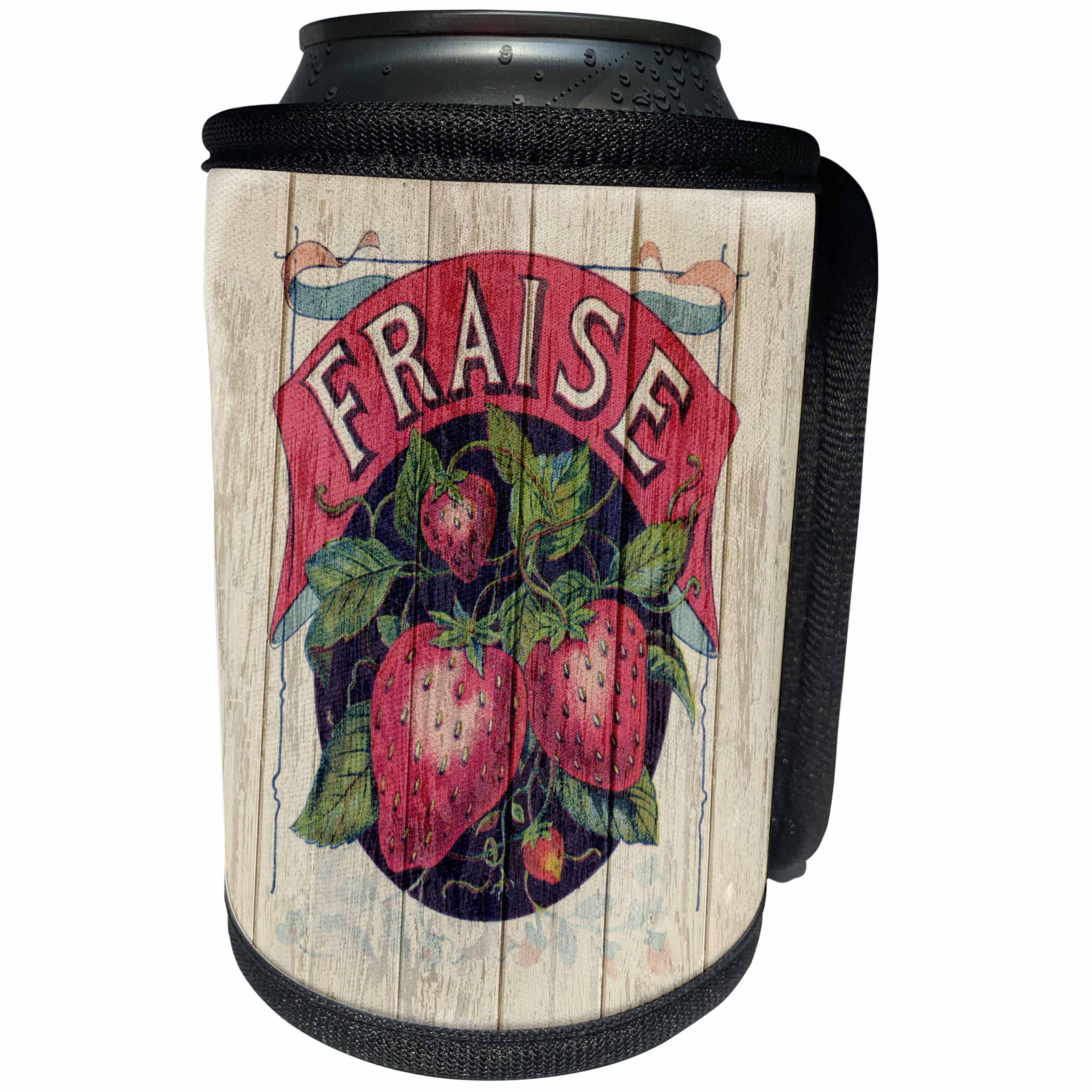 3dRose Andrea Haase Art Illustration - Old Strawberry Advertising On Weathered Wood - Can Cooler Bottle Wrap (cc_276304)