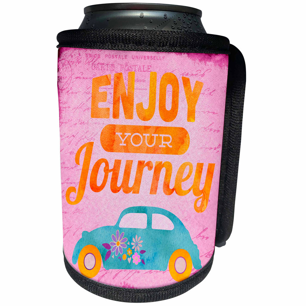3dRose Andrea Haase Art Illustration - Colorful Enjoy Your Journey Typography With Beetle Car - Can Cooler Bottle Wrap (cc_276311)