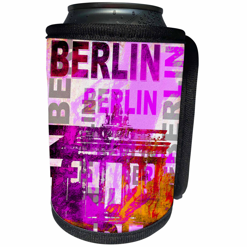3dRose Andrea Haase Art Illustration - Pink Berlin Typography With Brandenburg Gate - Can Cooler Bottle Wrap (cc_276316)