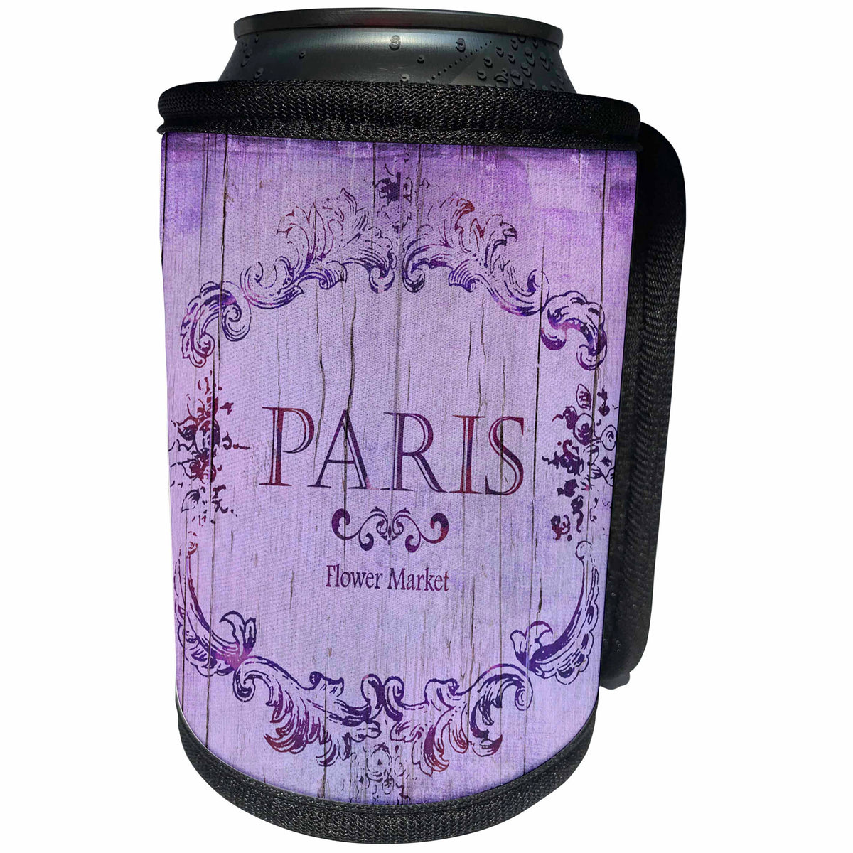 3dRose Andrea Haase Art Illustration - Purple Nostalgic Paris Sign On Old Wood - Can Cooler Bottle Wrap (cc_276323)