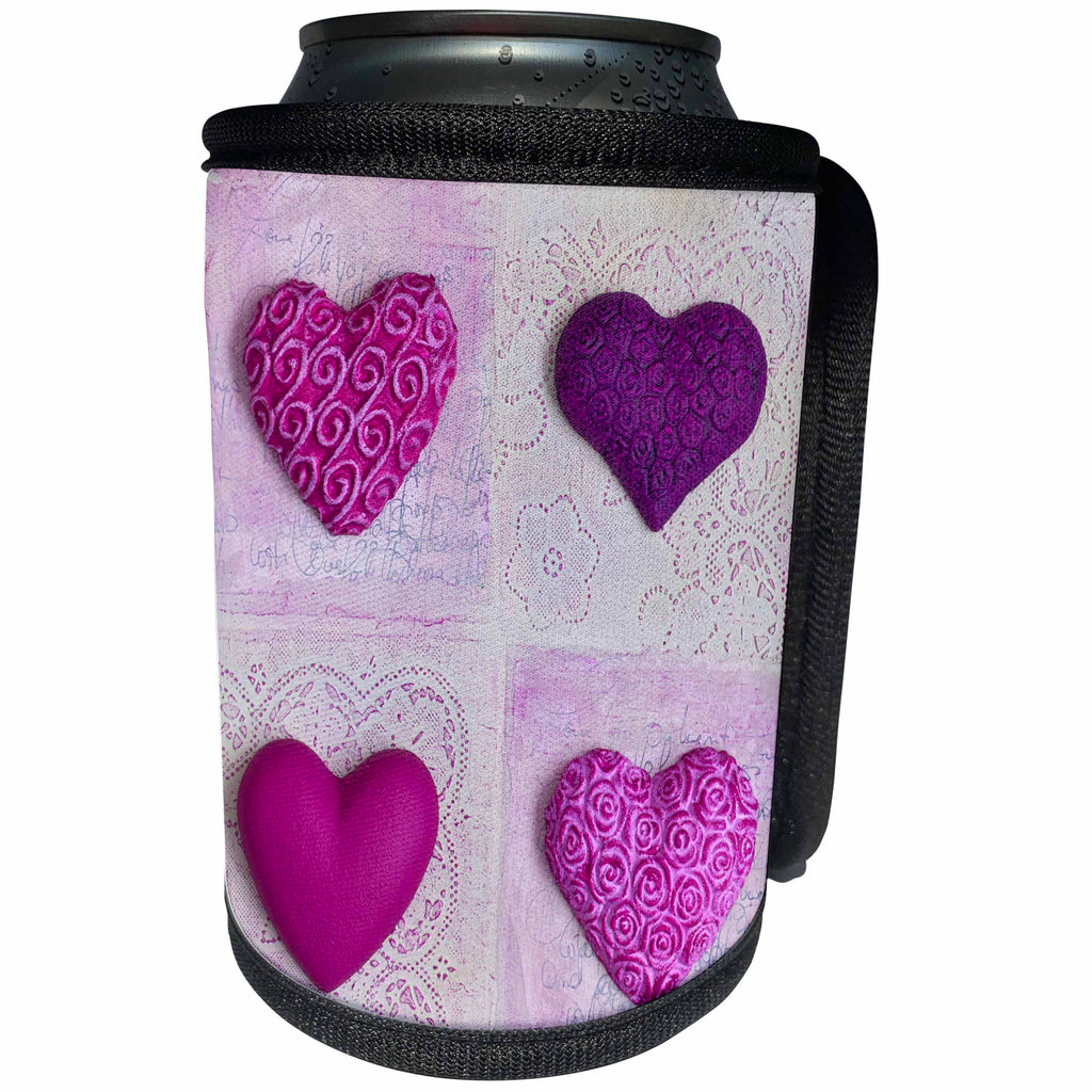3dRose Andrea Haase Art Illustration - Collage Of Four Hearts In Pink And Purple - Can Cooler Bottle Wrap (cc_276326)