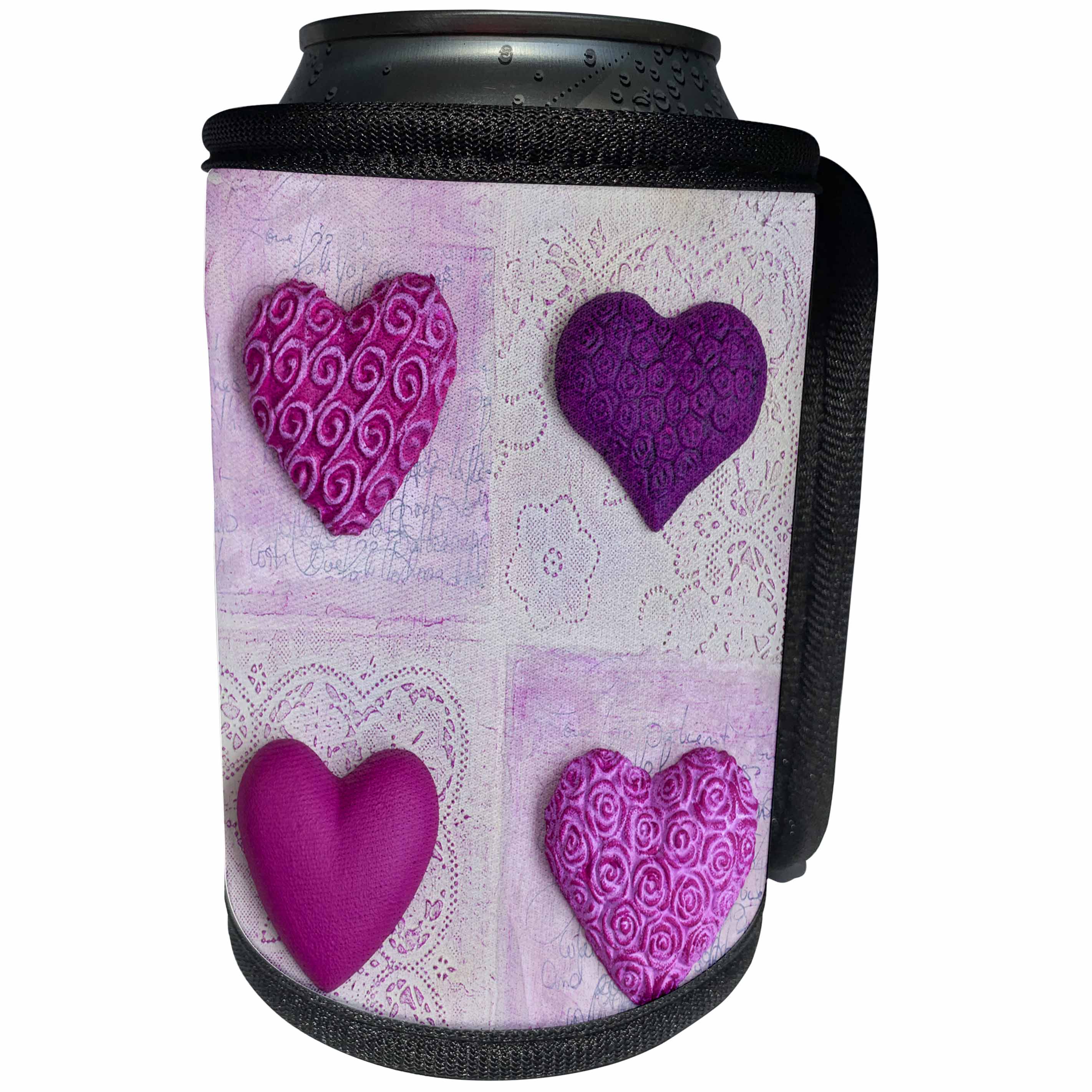 3dRose Andrea Haase Art Illustration - Collage Of Four Hearts In Pink And Purple - Can Cooler Bottle Wrap (cc_276326)