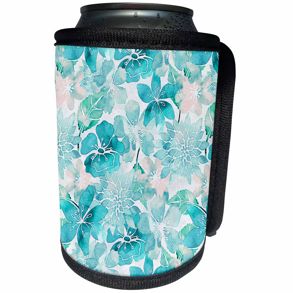 3dRose Andrea Haase Allover Pattern - Turquoise Watercolor Flower Pattern - Can Cooler Bottle Wrap (cc_276335)