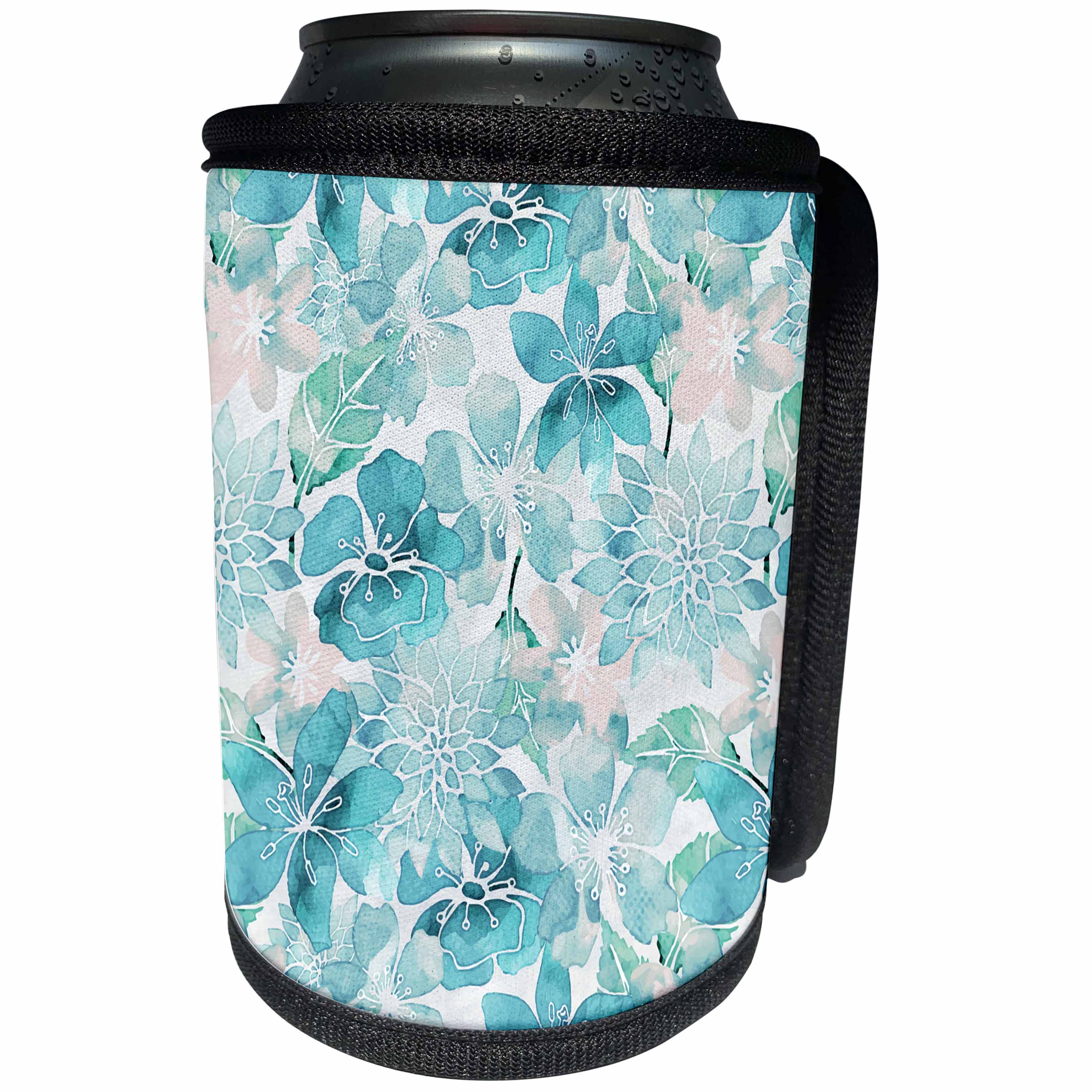 3dRose Andrea Haase Allover Pattern - Turquoise Watercolor Flower Pattern - Can Cooler Bottle Wrap (cc_276335)