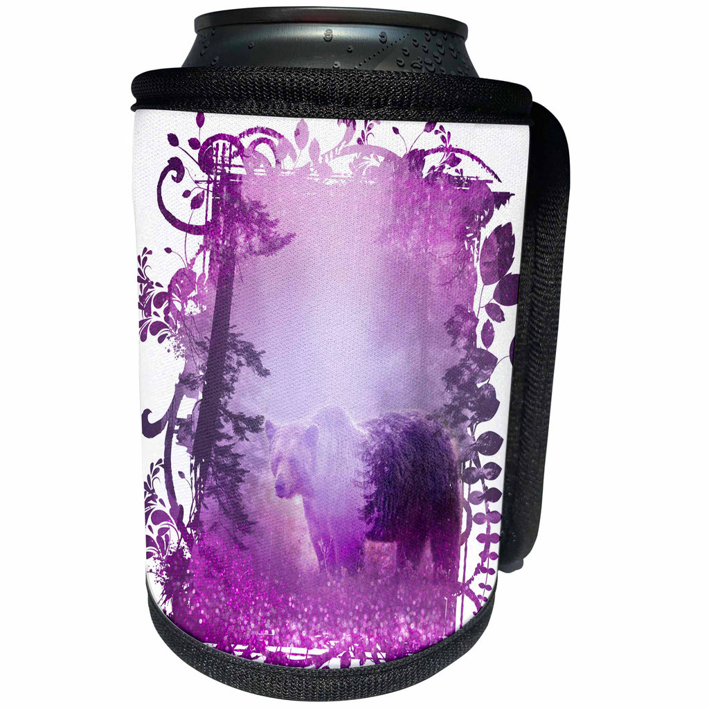 3dRose Andrea Haase Digital Photo Art - Cut Out Of Bear In A Pink Purple Glittering Forest - Can Cooler Bottle Wrap (cc_276347)