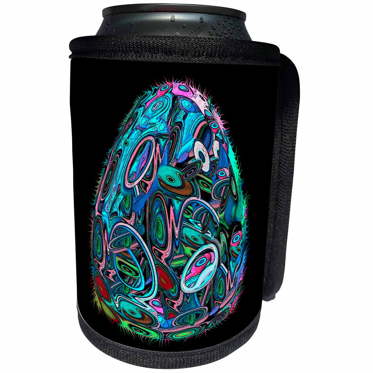 3dRose Jaclinart Surreal Space Egg Alien Fantasy Psychedelic Planet - Surreal sci fi blue space egg filled with space aliens and eyes on black background - Can Cooler Bottle Wrap (cc_27635)