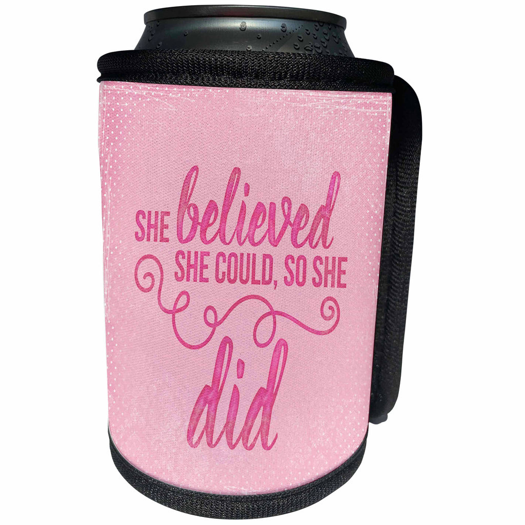 3dRose Andrea Haase Inspirational Typography - She Believed She Could So She Did Pink Typography Art - Can Cooler Bottle Wrap (cc_276386)