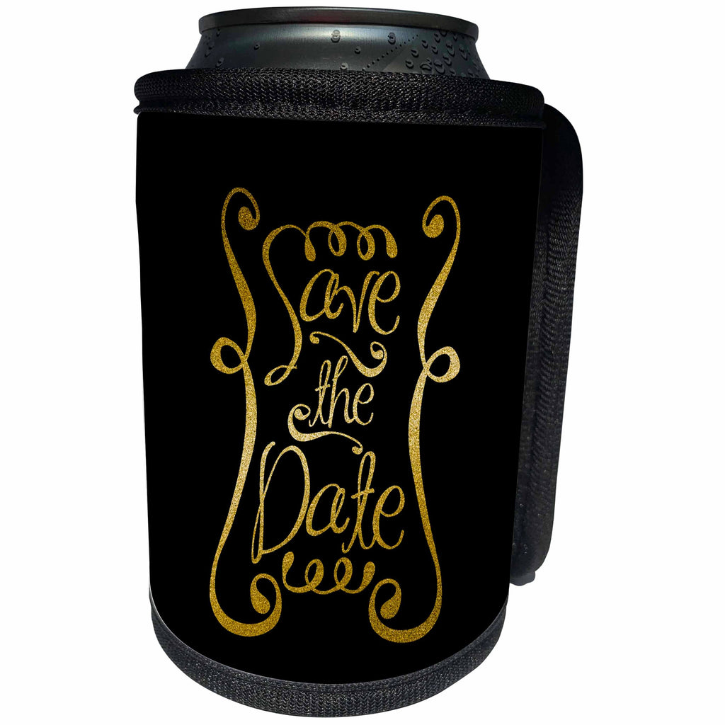 3dRose Andrea Haase Inspirational Typography - Image Of Golden Shimmering Save The Date Typography On Black - Can Cooler Bottle Wrap (cc_276387)