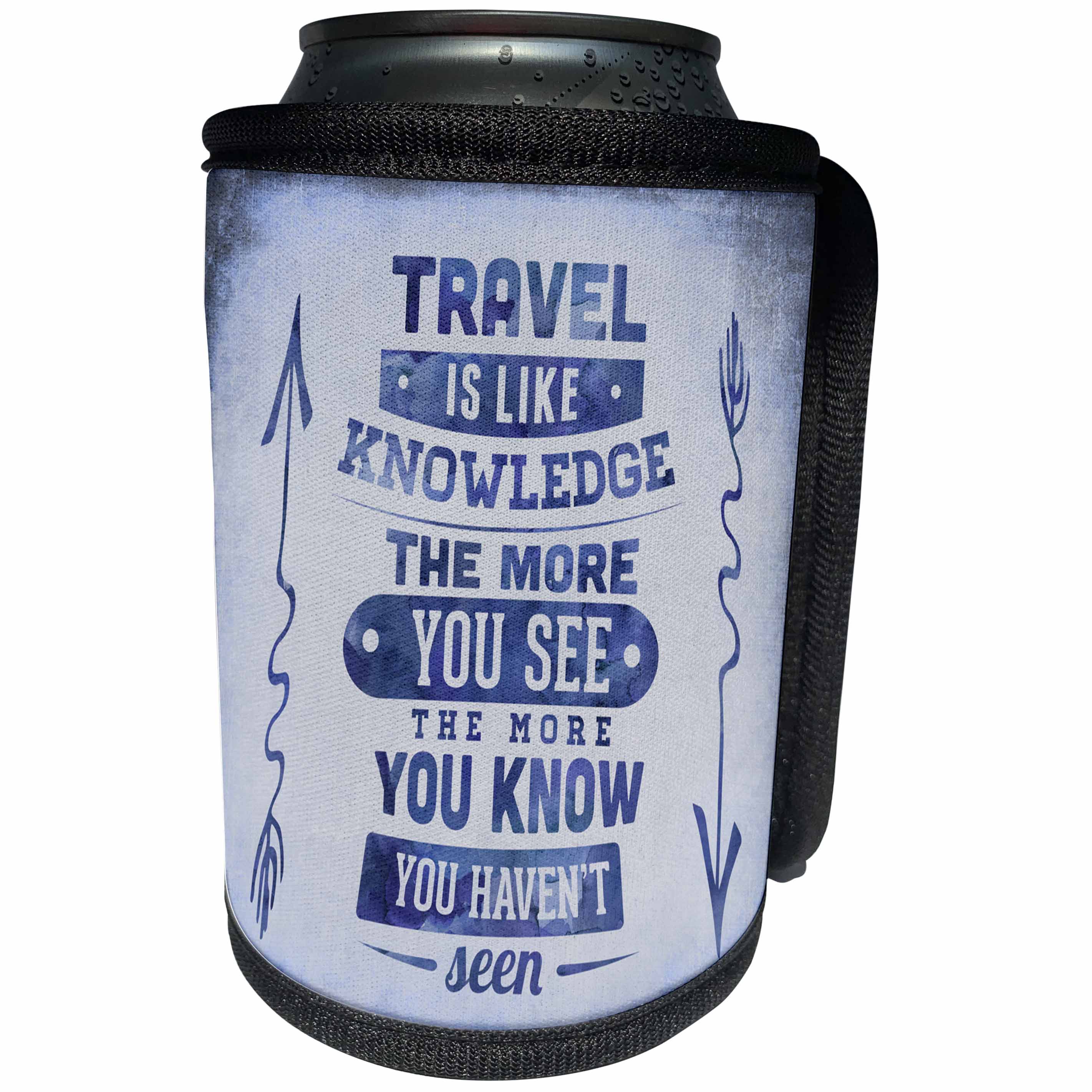 3dRose Andrea Haase Inspirational Typography - Blue Travel Is Like Knowledge Quote Typography Art - Can Cooler Bottle Wrap (cc_276388)
