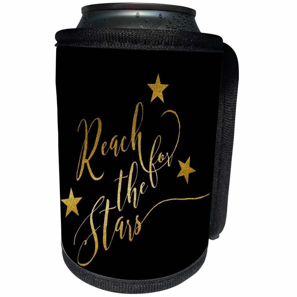 3dRose Andrea Haase Inspirational Typography - Image Of Golden Shimmering Reach For The Stars Typography On Black - Can Cooler Bottle Wrap (cc_276389)