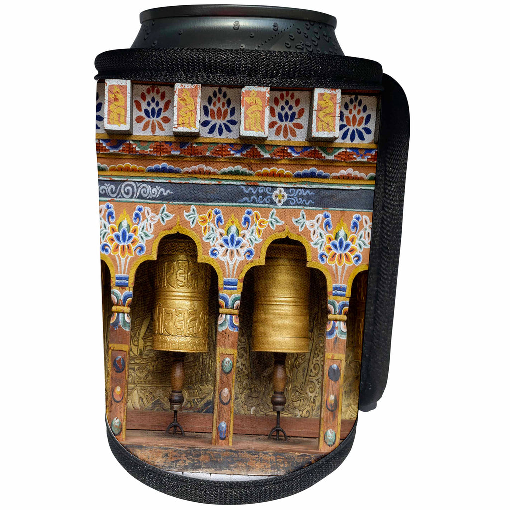3dRose Danita Delimont - Buddhim - Bhutan. Spinning prayer wheels along a temple wall. - Can Cooler Bottle Wrap (cc_276690)